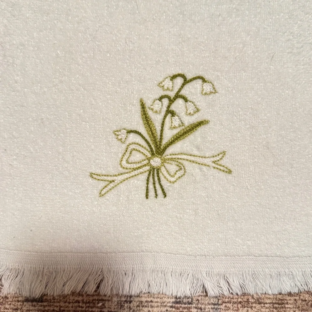 White Hand Towel With Embroidered Lily Of The Valley